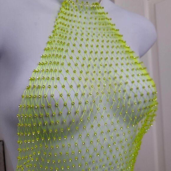 Brand New Yellow With Silver Rhinestone Mesh Body Fishnet Bra Cover - Picture 3 of 6